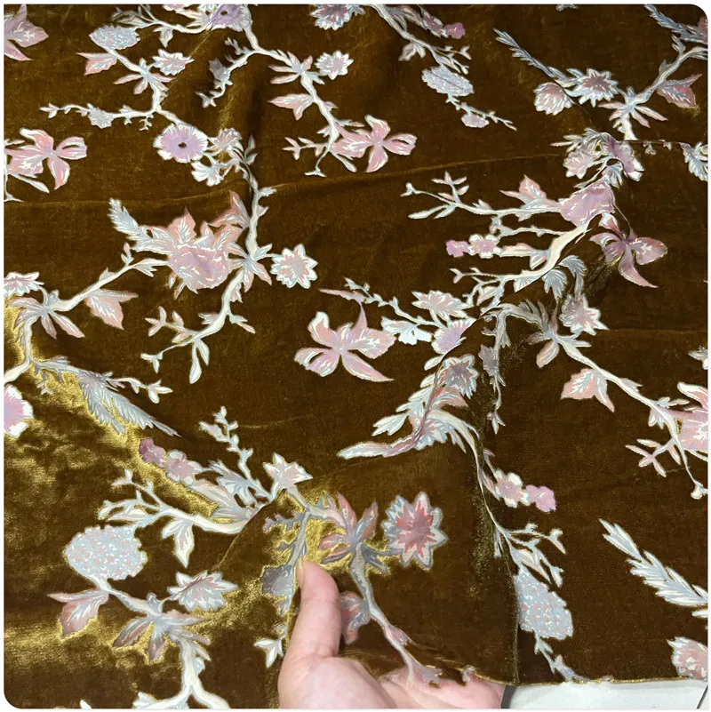 Hollow Real Silk Flower Pattern Mulberry Silk Flannel Cheongsam Dress Clothing Skirt Designer Fabric