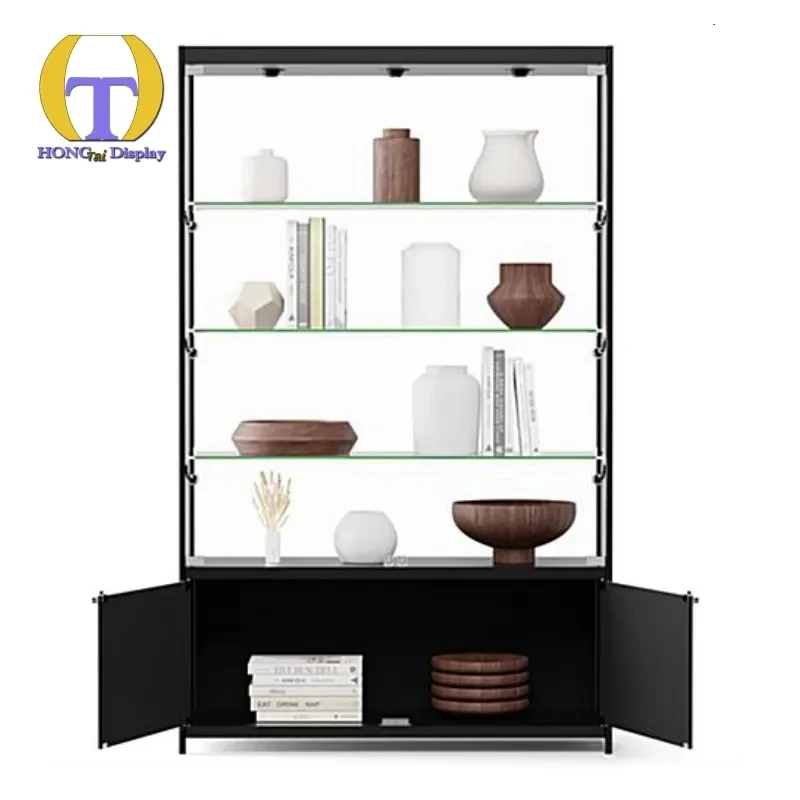 custom.Full Frameless Tempered Glass LED-Lit Lockable Sliding Door Storage Display Cabinet Customizable Size Retail S