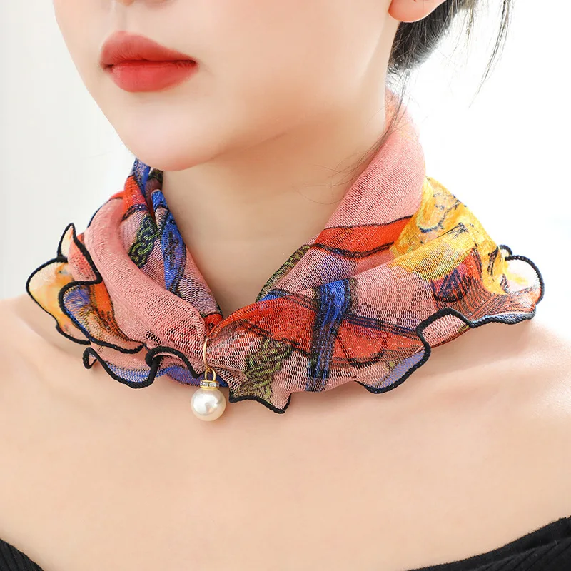 Korean Mesh Pearl Lace Scarf Summer Sunscreen Sunshade Print Fake Collar Wave Edge Women Veil Neck Protection Silk Scarve B80