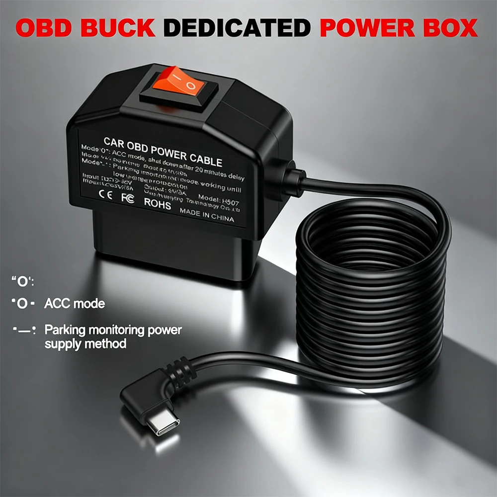 Car OBD Power Cable with Switch Button USB-C Port Adapter for Dash Camera 24 Hours Surveillance/Acc Mode 12-24V To 5V/3A
