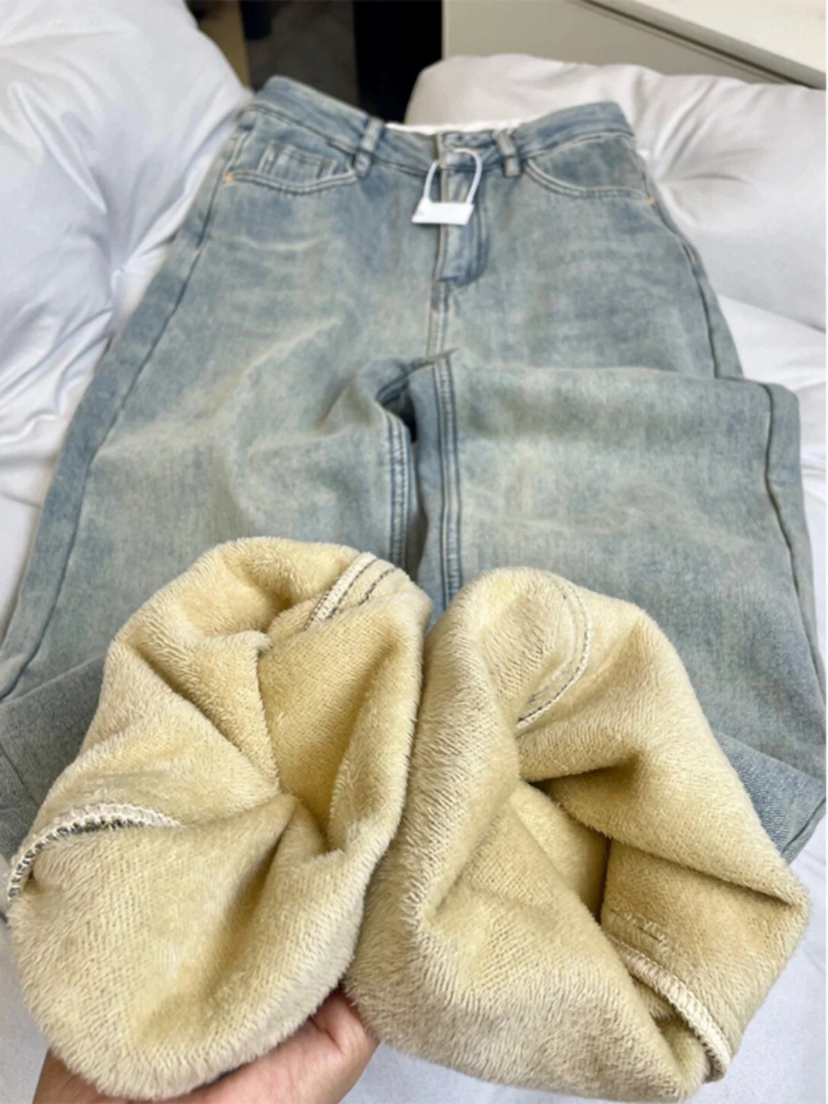 حجم كبير Fce اصطف Thiened مايكرو متوهج الجينز المرأة عالية الخصر الخريف مرونة حجم كبير 2024 جديد Sle متوهج السراويل