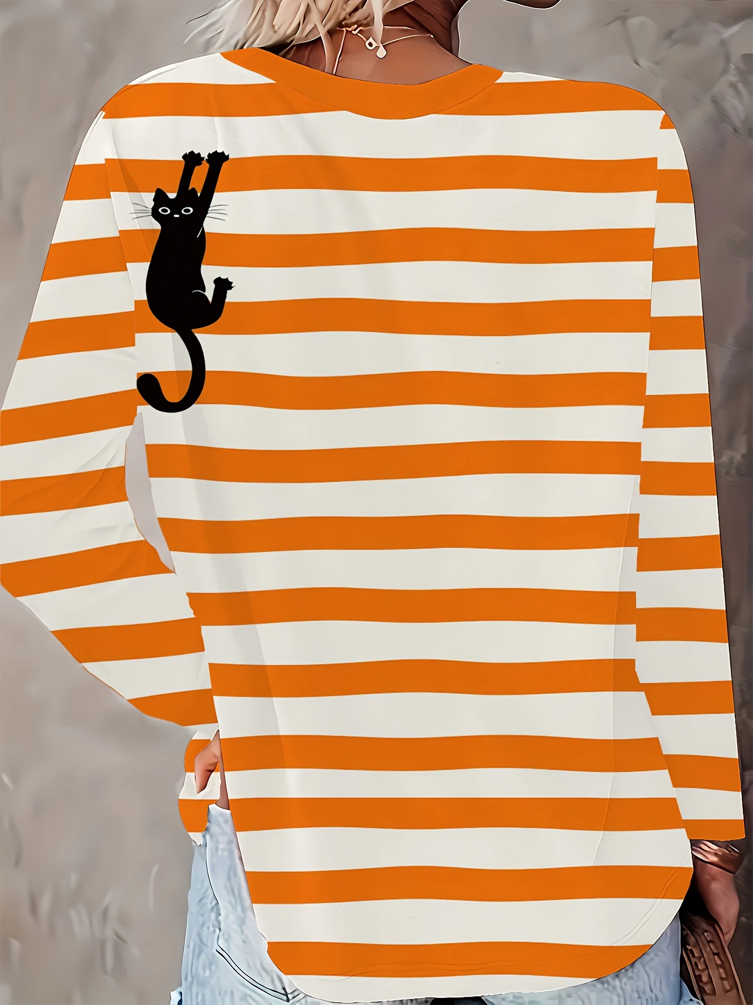 Orange White Horizontal Stripe Black Cat Graphic Crew Neck Long Sleeve T-Shirt, Women'S Casual Top