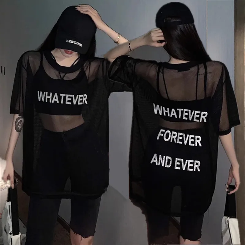 

2025 Summer Street Style Women Short Sleeve T-Shirt For Girls Cool Hip Hop Graphic Tee Casual Loose Mesh Transparent Tshirt