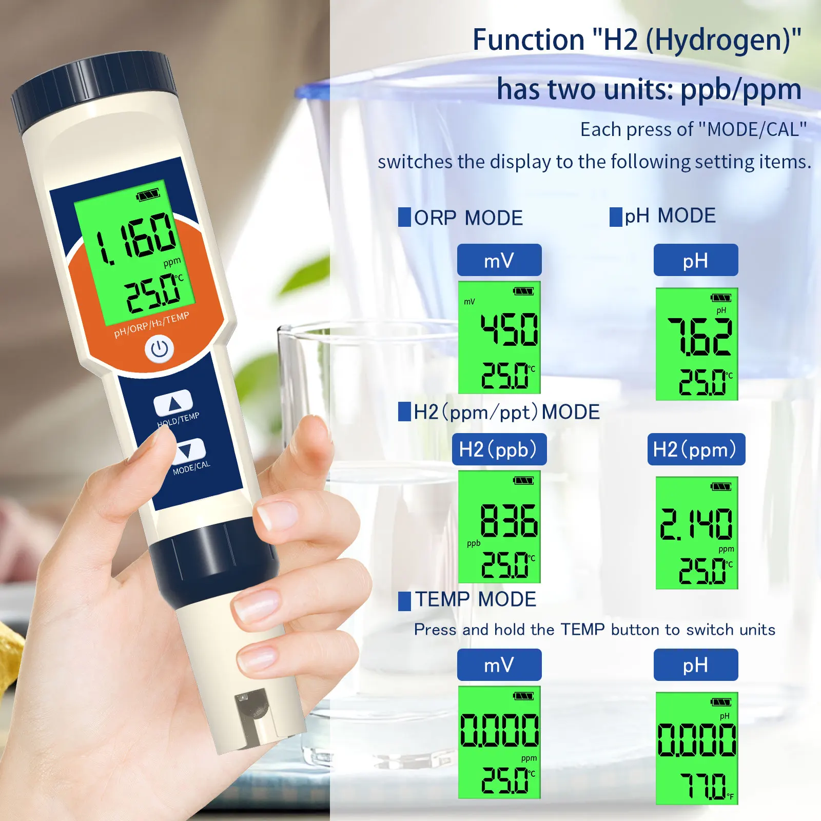 Tester digitale per idrogeno disciolto 4 in 1 PH ORP H2 Kit test temperatura misuratore ppm Analizzatore di purezza dell'acqua per acqua potabile Piscina alimentare