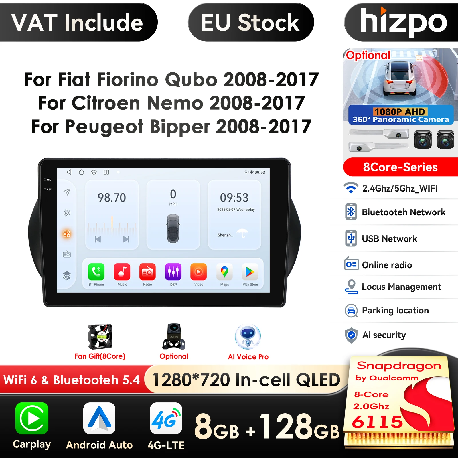 Hizpo 10,1 Zoll Carplay 4G 2Din Android 14 Autoradio für Fiat Fiorino Qubo Citroen Nemo Peugeot Bipper 2008-2017 Multimedia Video Player GPS DSP WIFI Snapdragon von Qualcomm 8-Core 2,0 GHz 6115 AI