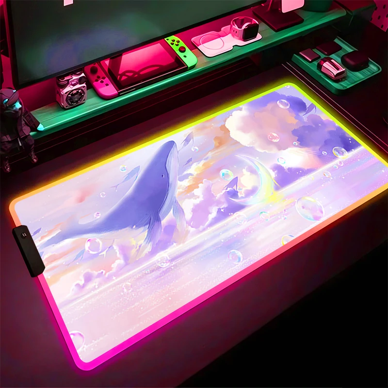 لوحة ماوس RGB LED مطاطية عالية الدقة لوحة ماوس نمط لوحة ألعاب ملحقات الكمبيوتر حصيرة مكتبية غير قابلة للانزلاق مفرش طاولة مكتب سحابة الحوت لوحة المفاتيح