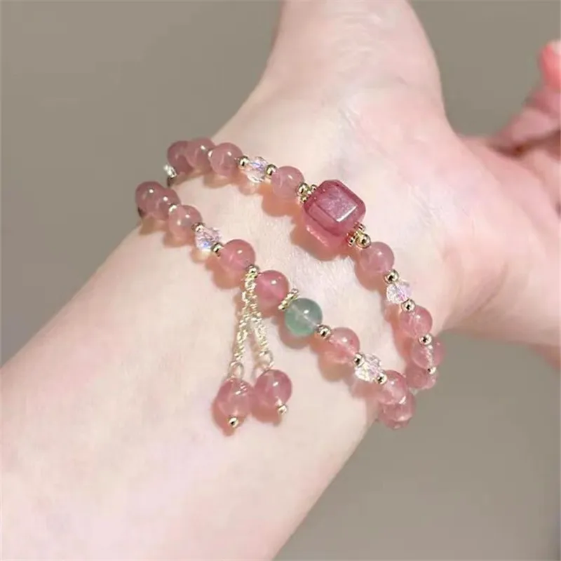 

Natural Strawberry Quartz Fashion Bracelet Fresh Women Best Friend Multistrand Tassel Beads Certified Luck Fortune Blessing Qi