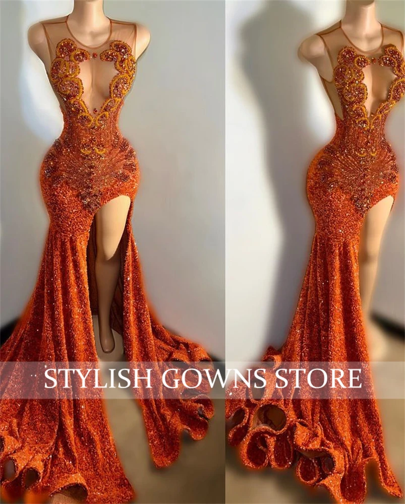 Orange Sheer O Neck Long Prom Dress For Black Girls Beaded Crystal Birthday Party Dresses Sequined Evening Gowns Slit Customized