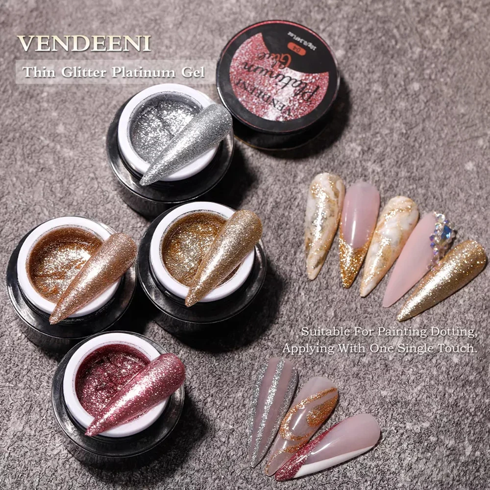 

Vendeeni 4 Colors Glitter Platinum Gel Nail Polish High Density Hybrid Sparkling UV Gel Varnish Shiny Nail Art Liner Gel Lacquer