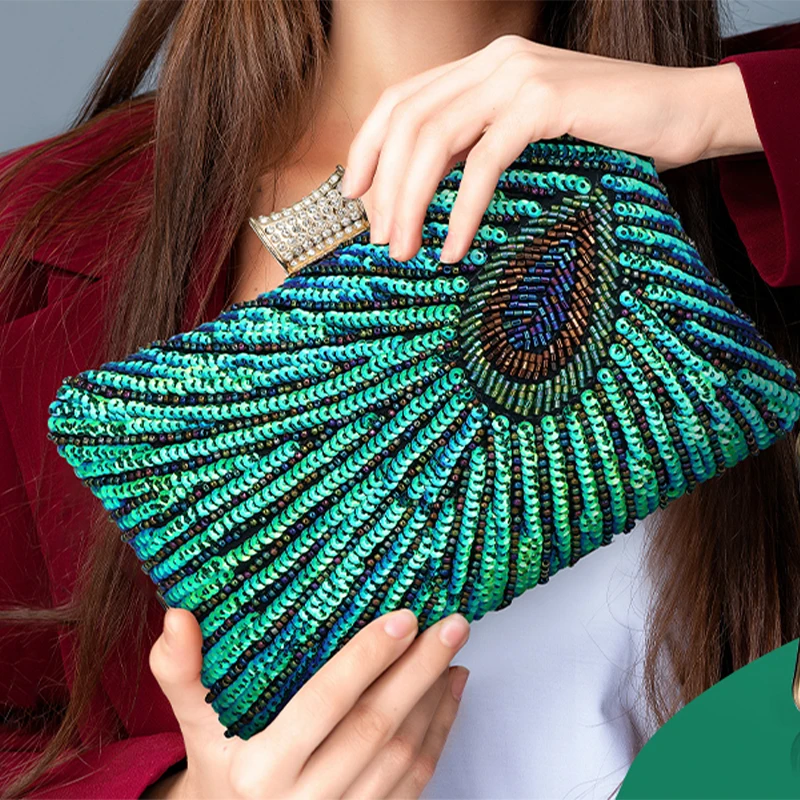 Bolsos de noche con cuentas de pavo real verde para mujer, sobre de fiesta, monederos nupciales, bolsos de mensajero de hombro femeninos formales