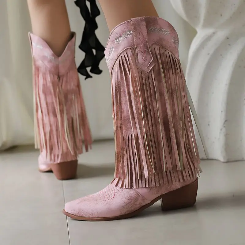 Girseaby Fringe Slip On Western Cowboy Bota Embroider Plus Size 46 47 48 Women Knee High Boots Pointed Toe Block Heels 4.5cm