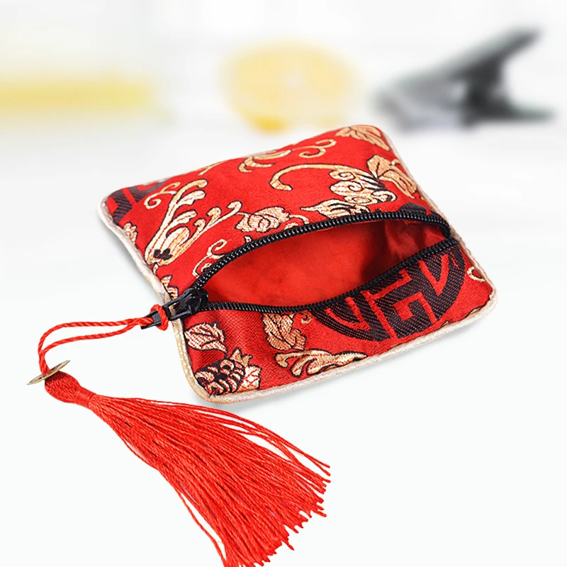 Chinese Style Brocade Hand Embroidery Tassel Pendant Zipper Small Jewelry Ring Gift Storage Pouch Bag Satin Coin Key Purse