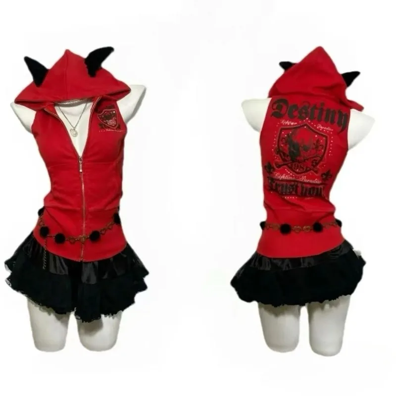 American Punk Hottie Hoodie Subculture Retro Letter Printed Hooded Vest Popular Harajuku Aesthetic Tees Women's Slim Zipper Tops
