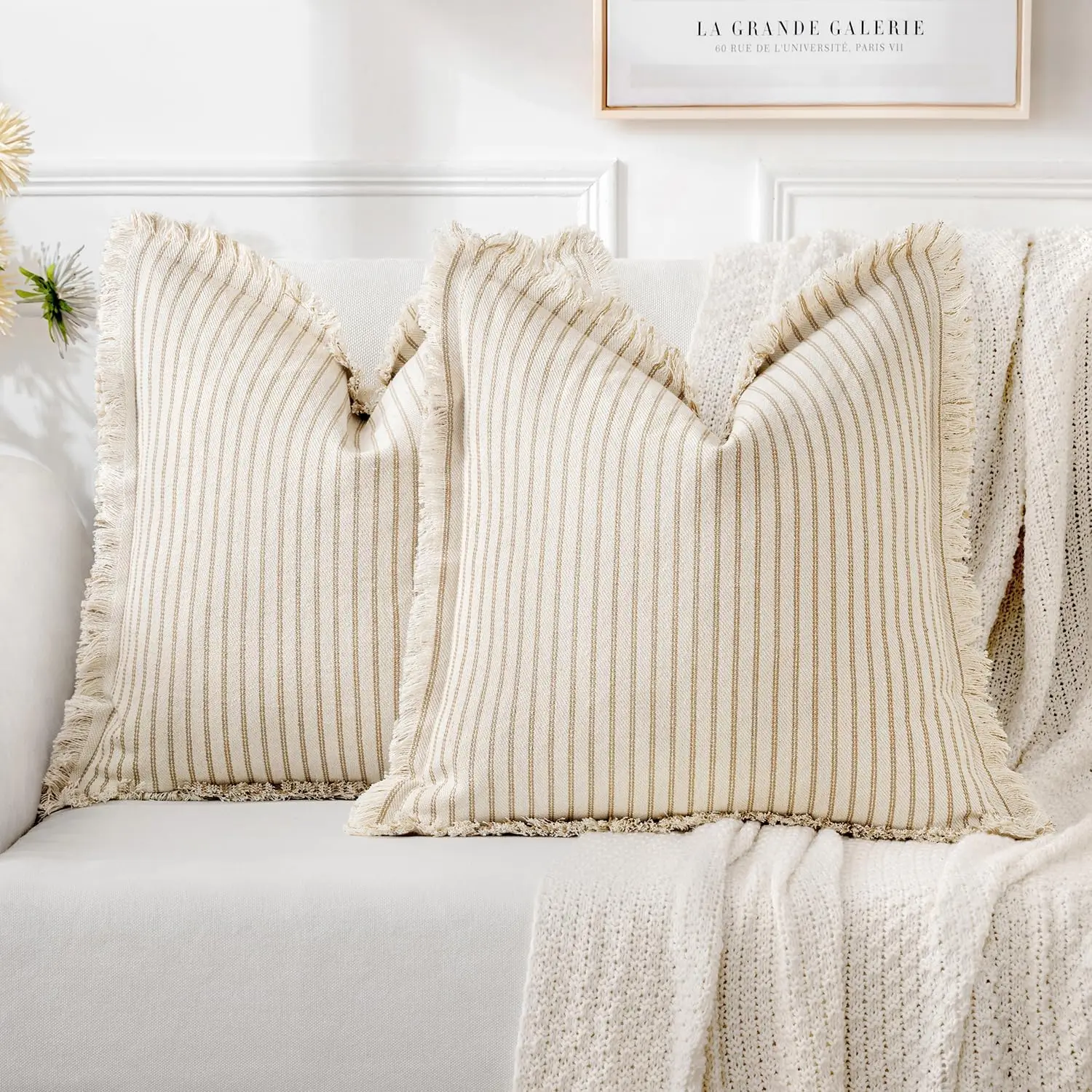 

Pa Of 2 Khaki Pillow Covers 20X20 H Striped Farmhouse Couch Throw Pillow Covers With Fringe Chic Linen Decorative Cushion