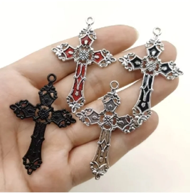 5Pcs/Lot 57x38mm Gothic Cross Silver Dripping Oil Alloy Tibetan Pendants Earring Antique Jewelry Making DIY Handmade Accessories