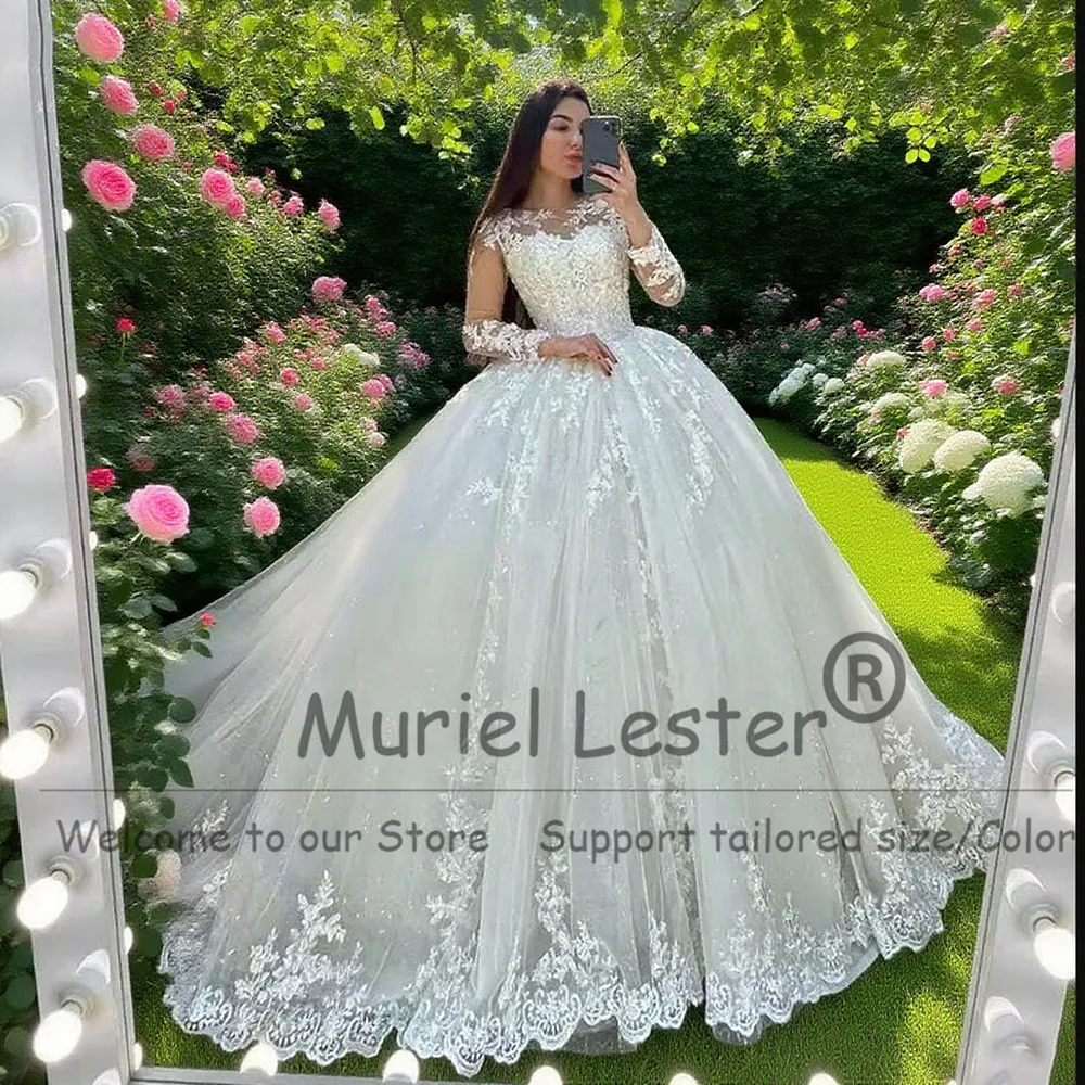 

Luxury Illusion O Neck Long Sleeves Beading Wedding Gowns For Bride Customized Lace Appliques Princess Ball Gown Bridal Dresses
