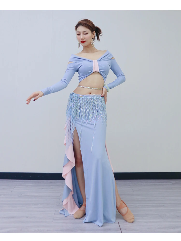 Belly dance practice suit sexy off the shoulder long sleeved ruffled skirt for women\'s Eastern dance performance suit