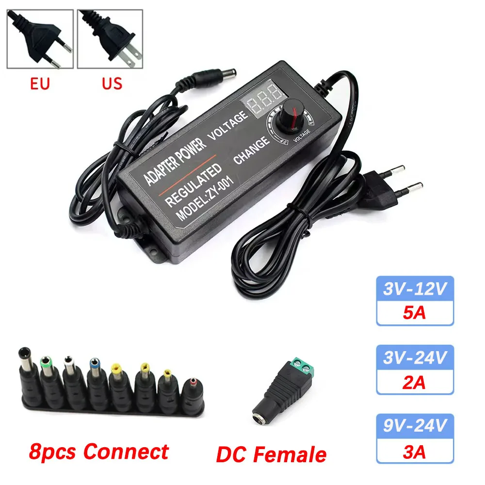 Adjustable Power Supply Adapter  AC To DC 3V 12V 3V 24V 9V 24V 2A 3A 5A Universal Adapter with Display Screen Voltage Regulated