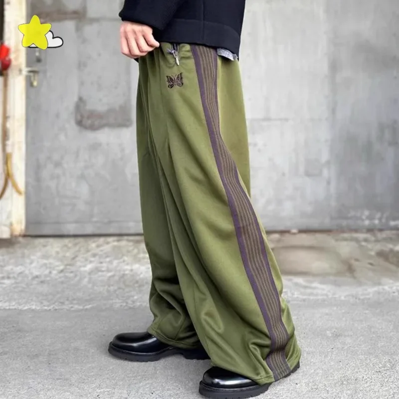 2025 New Olive Green Wide Leg Sweatpants Men Women Top Quality Butterfly Embroidery Pants Jogger Drawstring Striped Trousers