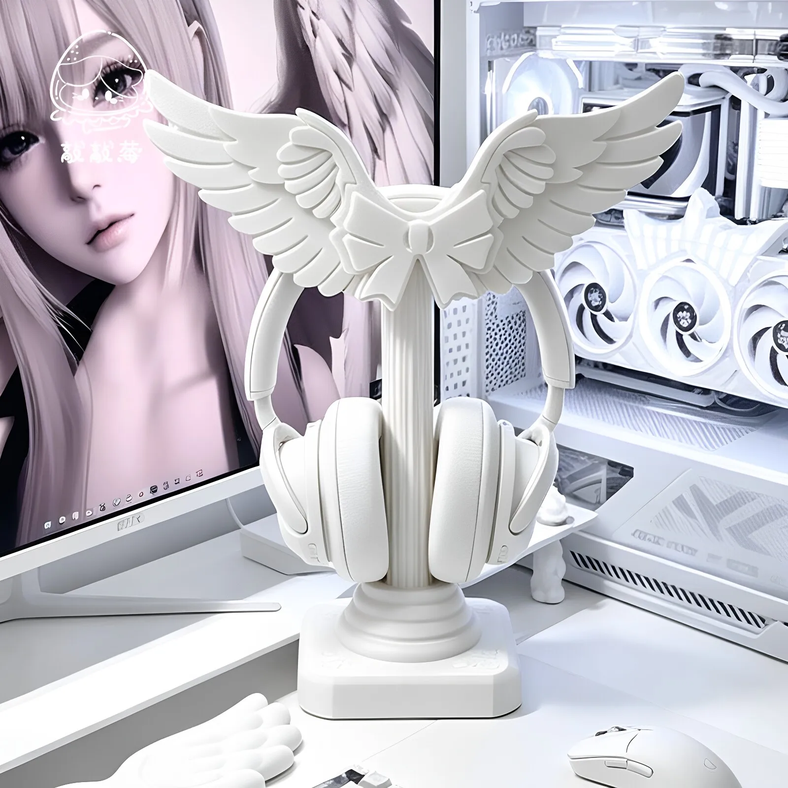 Cute Angel Wing Headset Holder 3d Print Roman Pillar Headphone Stand Silk White Universal Over-ear Headphone Desktop Ornament
