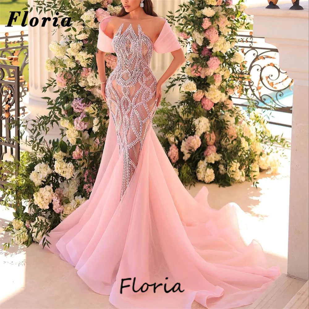 Aso Ebi Pink Celebrity Dresses Sweep Train Elegant 2024 Dubai Coutures Beaded Mermaid Women Eveningg Dresses Cocktail Party Gown