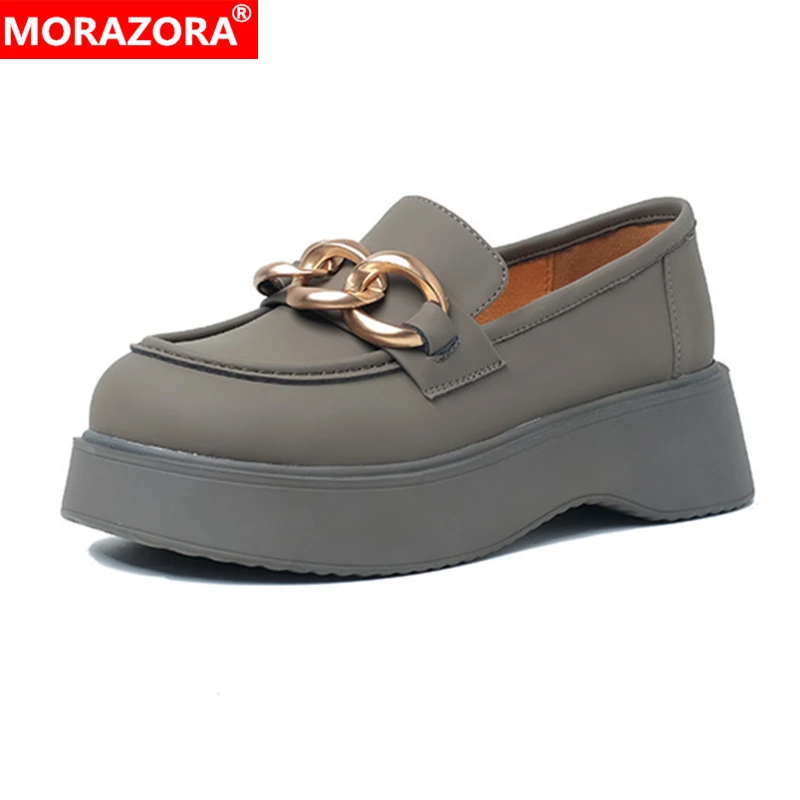 

MORAZORA 2024 New Arrive Flat Platform Shoes Women Genuine Leather Shoes Metal Chain Round Toe Street Style Single Shoes Woman