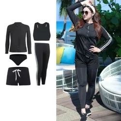 Women 5 Piece Plus Size Long Sleeve Rash Guard Zip Front Shirt Tops and Bottoms Beach Wear Water Sportswear