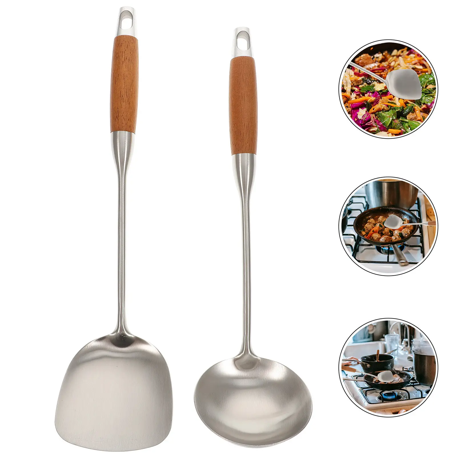 2Pcs Heat Resistant Cooking Shovel Spoon Set Wooden Handle Stainless Steel Spatula Spoon Kitchen Gadgets for Home Restaurant