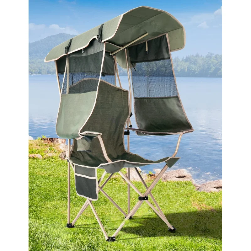 Folding Camping Chair with Shade Canopy for Adults, Canopy Chair for Outdoors Sports with Cup Holder, Side Pocket