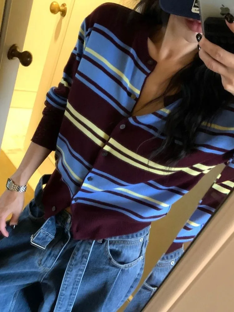 

Корейский открытый кардиган в милую полоску, женский длинный свитер на одной пуговице, элегантный ретро-свитер, осенняя мода для девочек