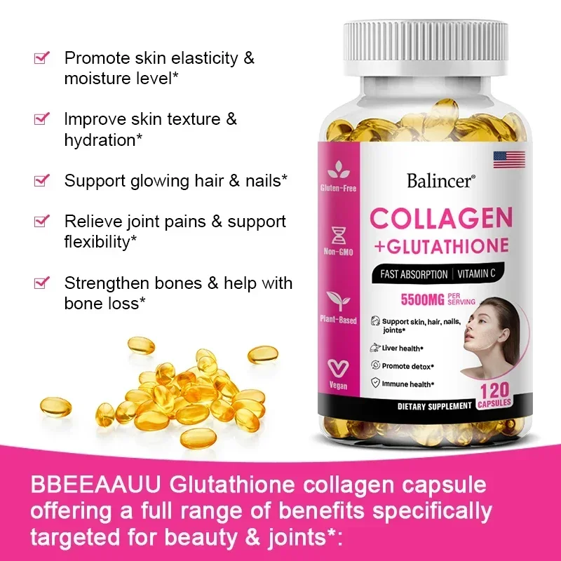 Balincer 5500mg Hydrolyzed Collagen 2200mg Glutathione 1300mg Biotin MSM and Vitamin C B6 B3 Capsule Nutritional Supplement