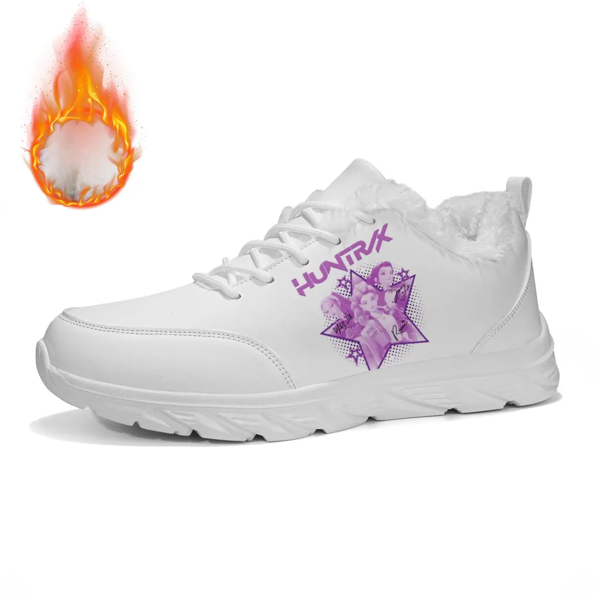 

Sports Shoes Mens Womens White Fur-Lined Sneakers with Purple Hustle Star Character Design Sneakers Casual Custom White Shoes