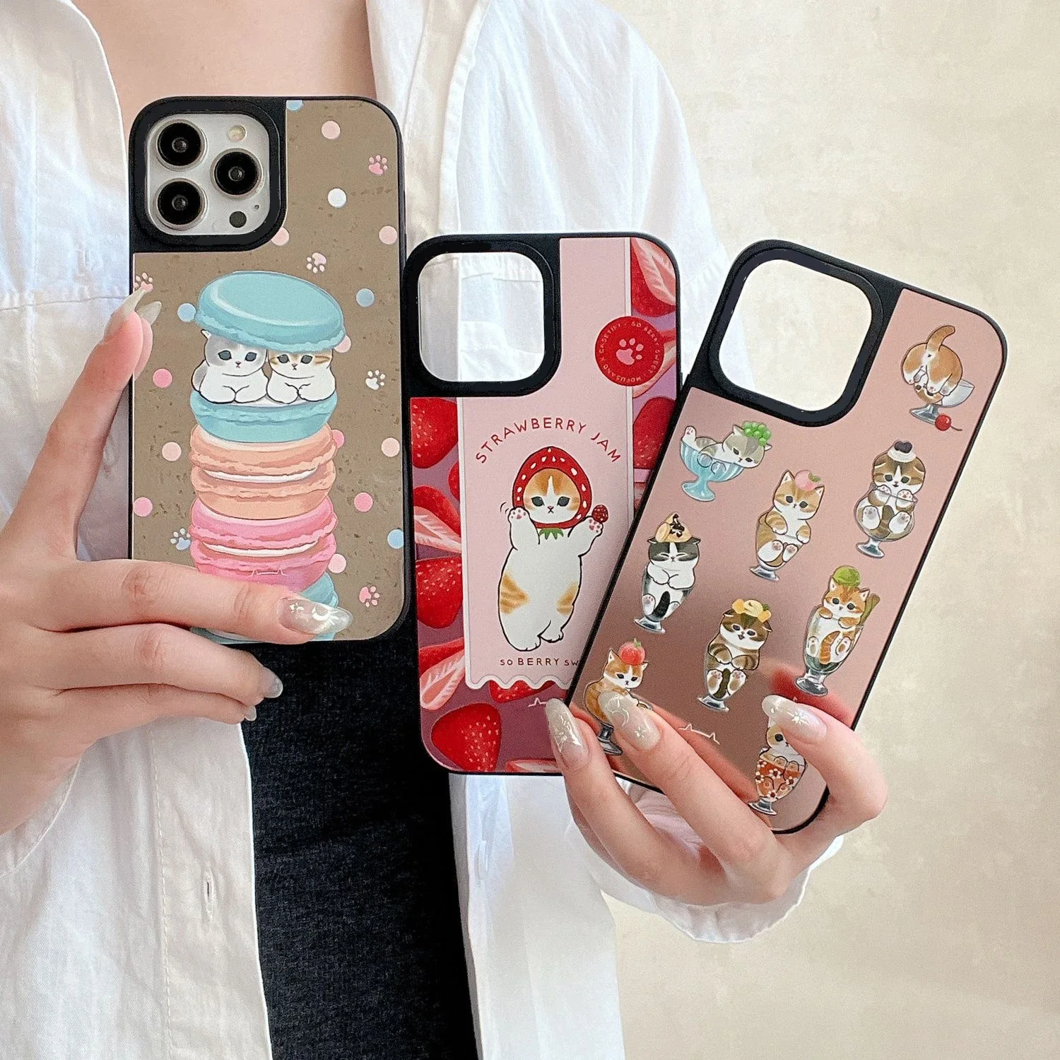 Cute Dessert Cat Mirror Black Border Magnetic Phone Case Cover for IPhone 11 12 13 14 15 Pro Max Case