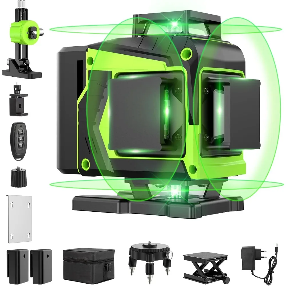 

16 Line Laser Level 360 Self Leveling, 4x360°Professional 4D Green Cross Line laser Level with 2 Batteries, Adjustable