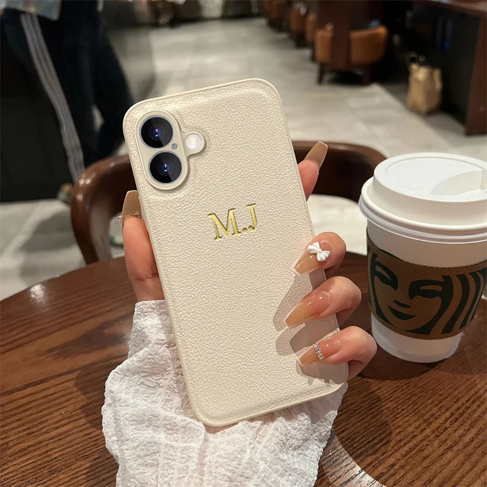 Personalized Case For iPhone 11 12 13 14 15 16 Pro Max Customized Initials Name Luxury Leather Cover DIY Gifts 16 Pro Max 16Plus