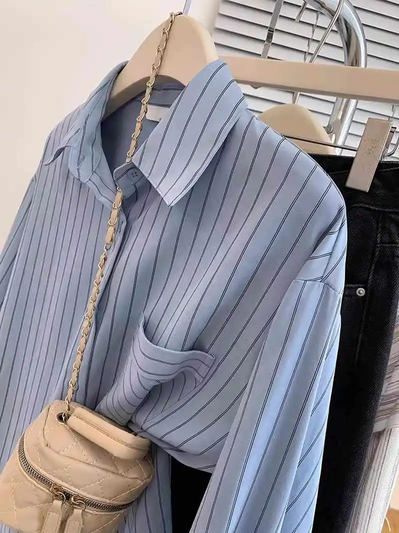 Полосатая женская рубашка во французском стиле, весенний свободный универсальный топ с длинными рукавами, высококачественный повседневный кардиган для поездок на работу