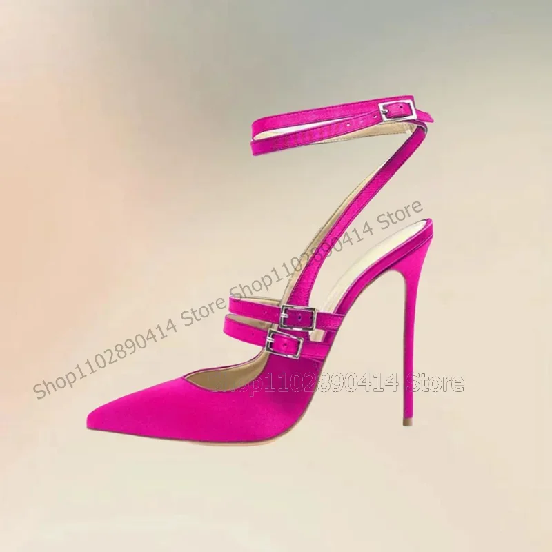 Rosa vermelha fivela decoração rasa apontou toe bombas tornozelo fivela cinta sapatos femininos finos saltos altos moda 2024 zapatos para mujere