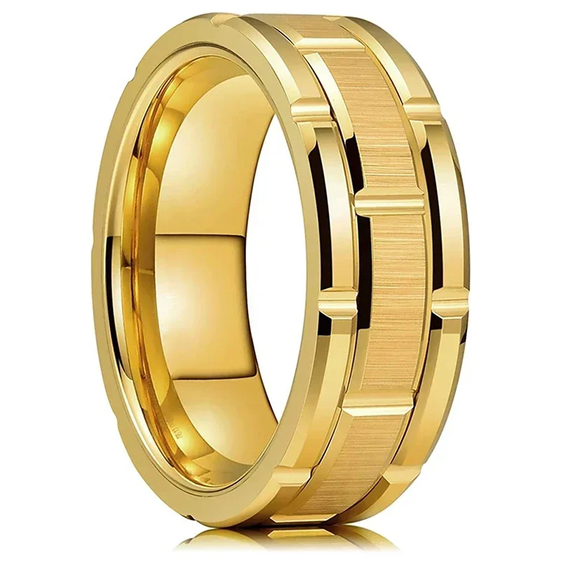 2021 Trendy Men's 8mm Gold Tungsten Wedding Band Rings Double Gold Groove Beveled Edge Stainless Steel Engagement Rings For Men