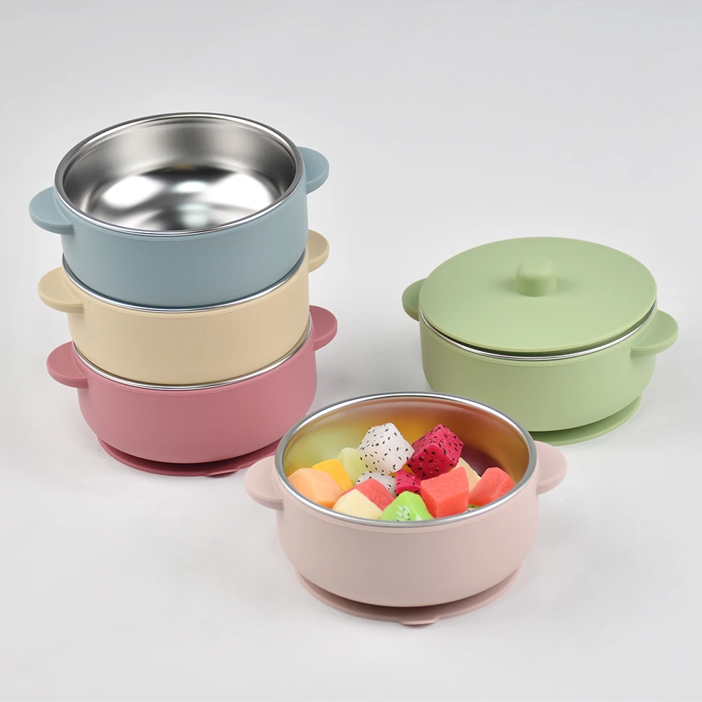 

Детская тренировочная миска на 300 мл с крышкой, набор для кормления из нержавеющей стали и силикона на 300 мл, небьющаяся миска для отлучения от груди