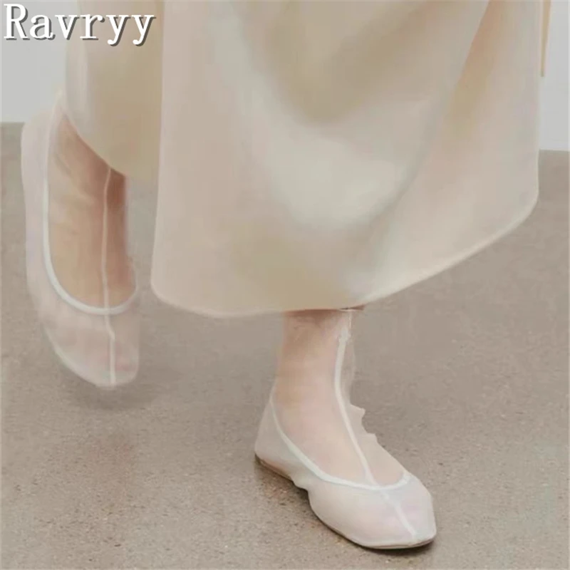 Women Sheer Mesh Flat Shoes Round Toe Flat Ballet Style Short Booties with Back Button Closure Summer Breathable Casual Footwear