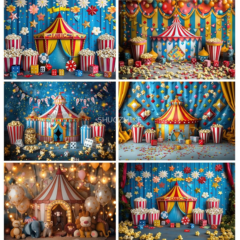 

Circus Tent With Striped Canopy Photography Backdrops Balloons Birthday Party Decor Animal Clown Photo Studio Background SD-02