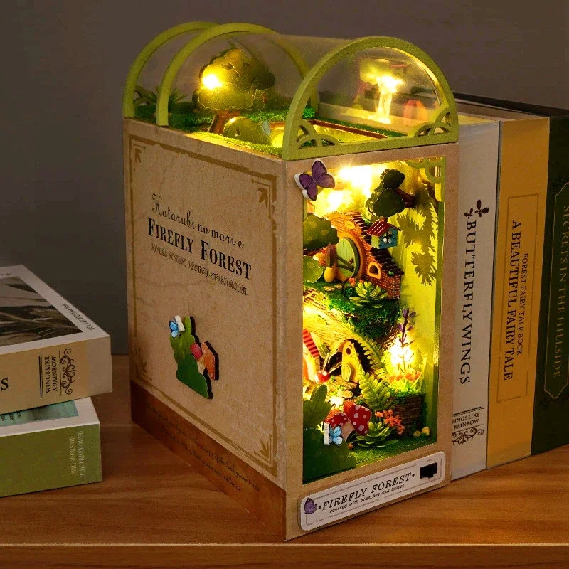 

Diy Book Book Nook Shelf Insert Miniature Firefly Forest House Wooden Bookshelf Animal Doll Houses Bookend Adults Toy Kid Gift
