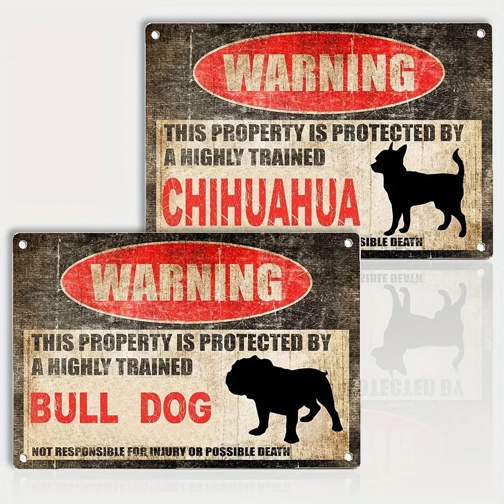 Beware Dog Tag Fence Bulldog, Tag Fence Chihuahua Sign This Property Is Protected Funny Metal Tin Sign Vintage Wall Decor Sign