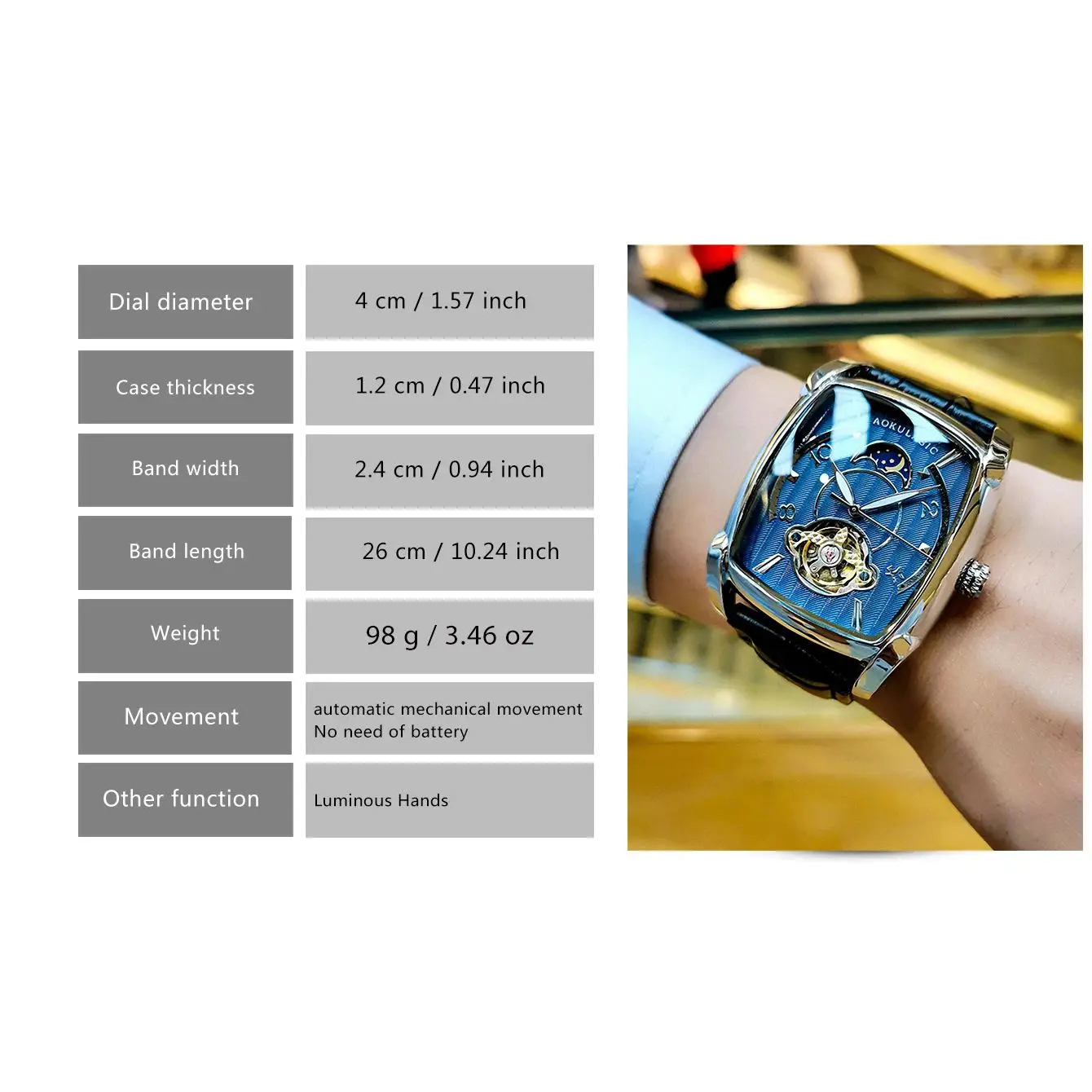 AOKULASIC Fashion Skeleton Mechanical Watches Tonneau Moon Phase Tourbillon Automatic Watch for Men Leather Strap Luminous Hands