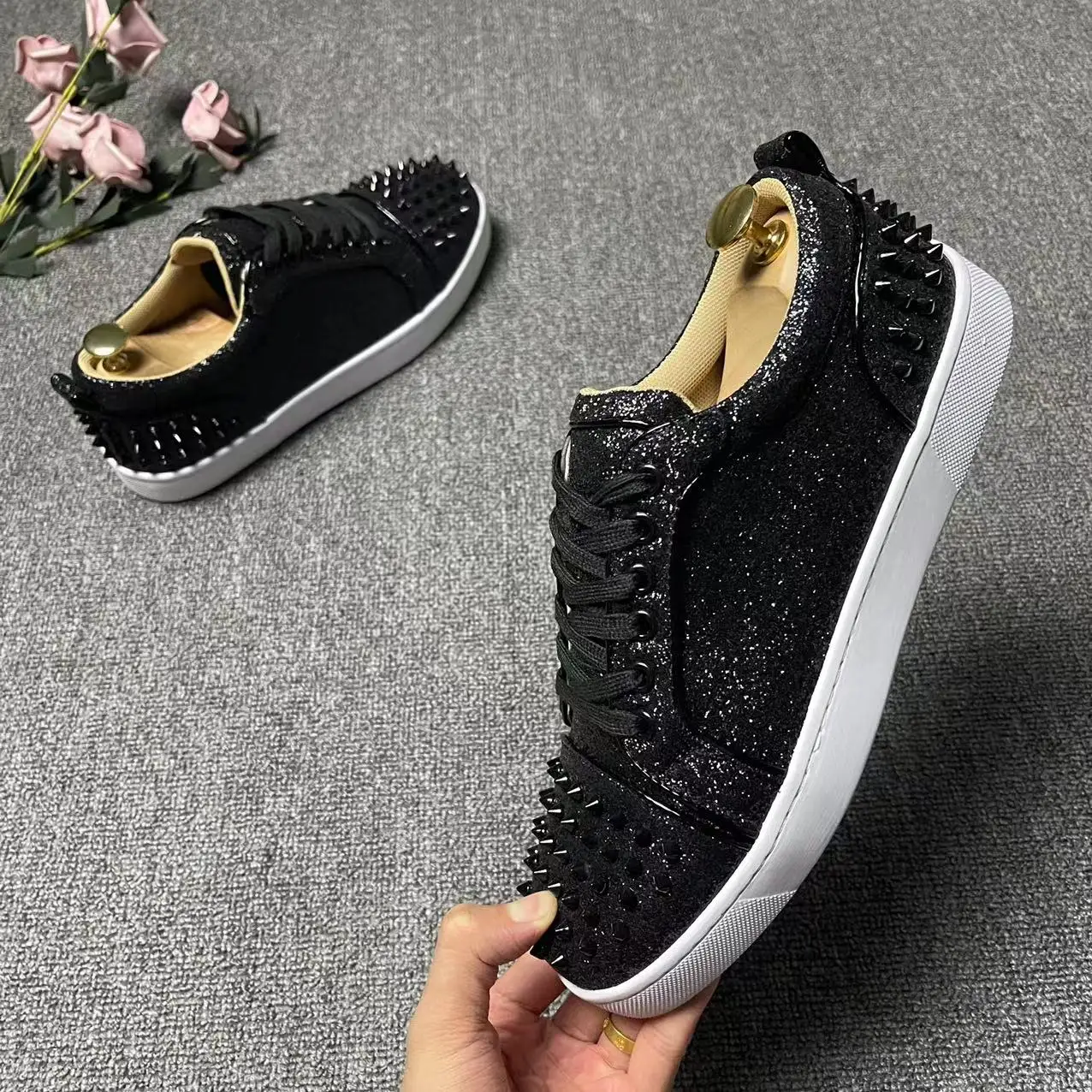 men fashion stage nightclub dress rivets shoes lace-up flats shoe black silver platform sneakers breathable personality footwear