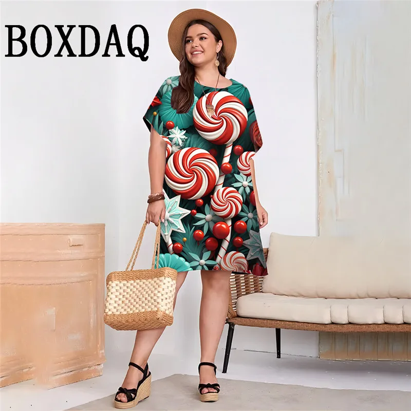 Sukienka na przyjęcie bożonarodzeniowe Elegancka słodka sukienka z krótkim rękawem 3D Lollipop Print Luźna sukienka Moda Plus Size 9XL Casual Summer