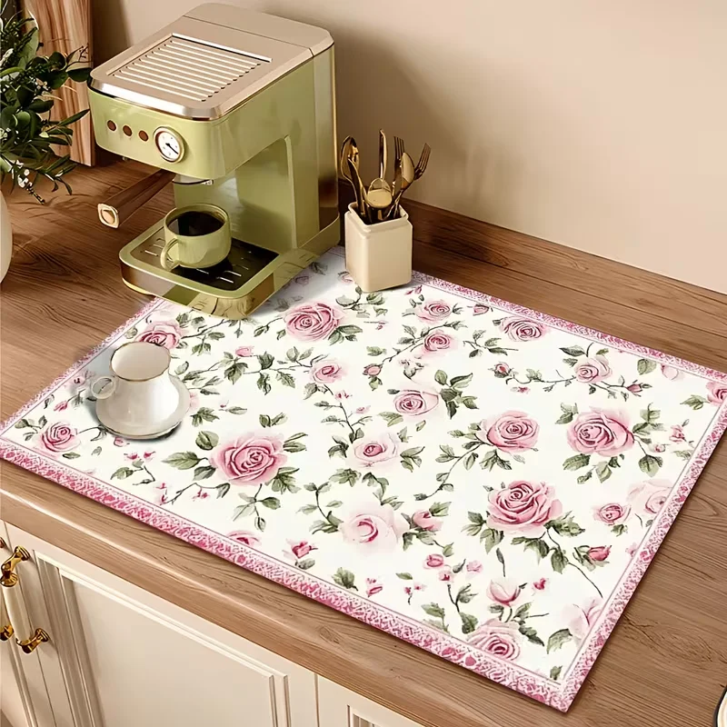 Pink Rose, Green Leaf Pattern White Floral Mat Kitchen Countertop Mat Coffee Tables Dining Rooms Living Rooms Decorative Mats