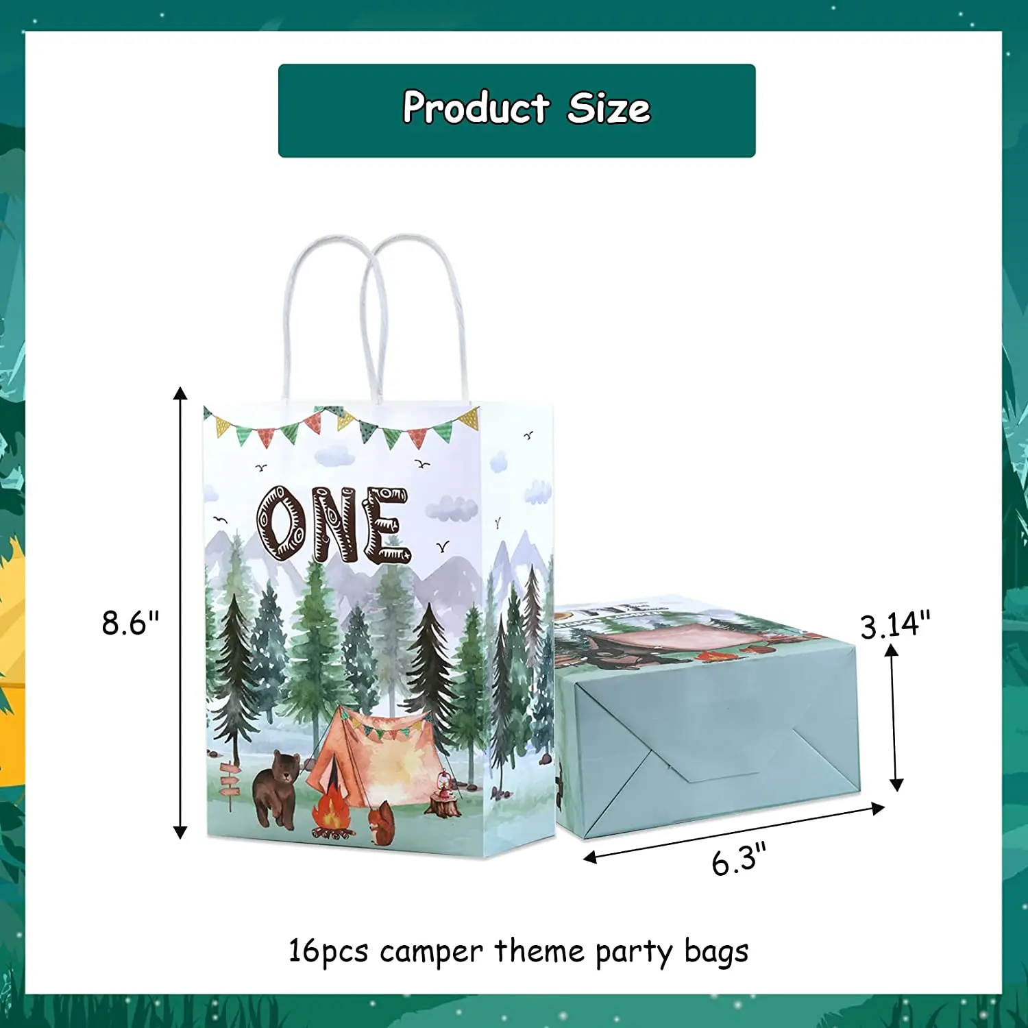 KREATWOW-Camping Theme Gift Bags, One Happy Camper Birthday Decorations for Tables, Camping Party Goodie Treat, Candy Bag, 16Pcs