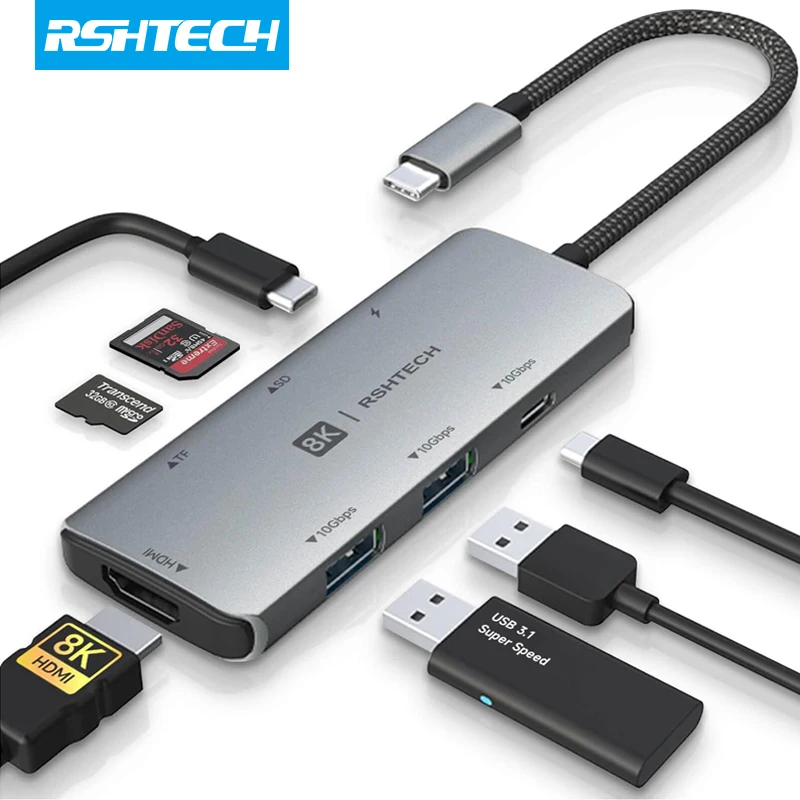 Imagem -02 - Rshtech-usb c Hub Docking Station 4k 120hz 8k Hdmi Velocidade de Transferência de Dados 10gbps 100w Entrega de Energia com sd Leitor tf