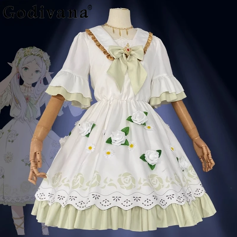 여름 게임 애니메이션 러블리 드레스 여성 할로윈 크리스마스 역할 놀이 드레스 여성 보우 칼라 꽃 달콤한 짧은 드레스